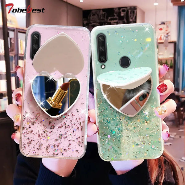 Heart Mirror Sequins Glitter Phone Case For Huawei Soft Silicone Cover