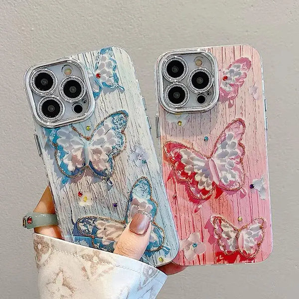 Luxury Butterfly Flower Glitter Laser Case For iPhone 11 12 13 14 15 16 Pro Max Fashion Diamonds Soft Shockproof Bumper Cover