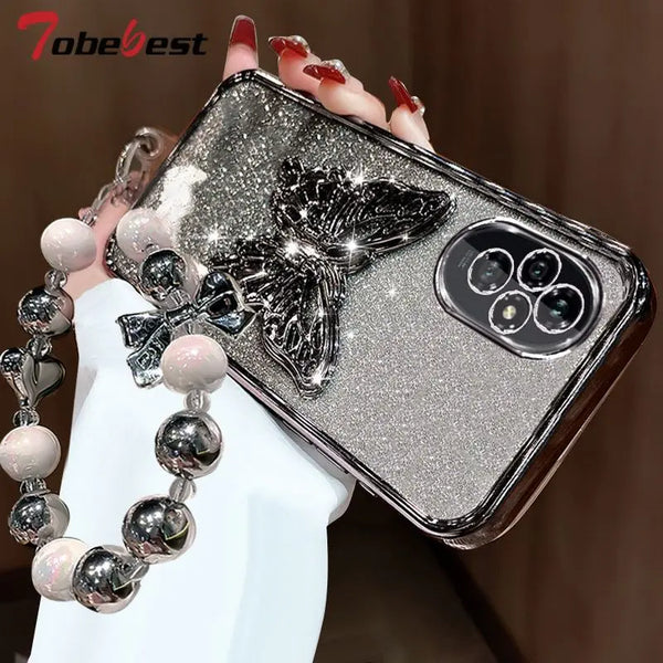 3D Butterfly Phone Holder Bead bracelet Glitter Plating Case for Huawei Lite Back Cover