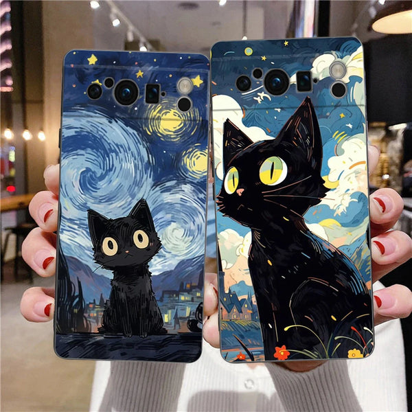 Phone Case For Google Pixel 8 7 6 Pro 8A 7A 6A TPU Shell Soft Silicone Shockproof Black Cover Cat-Printed