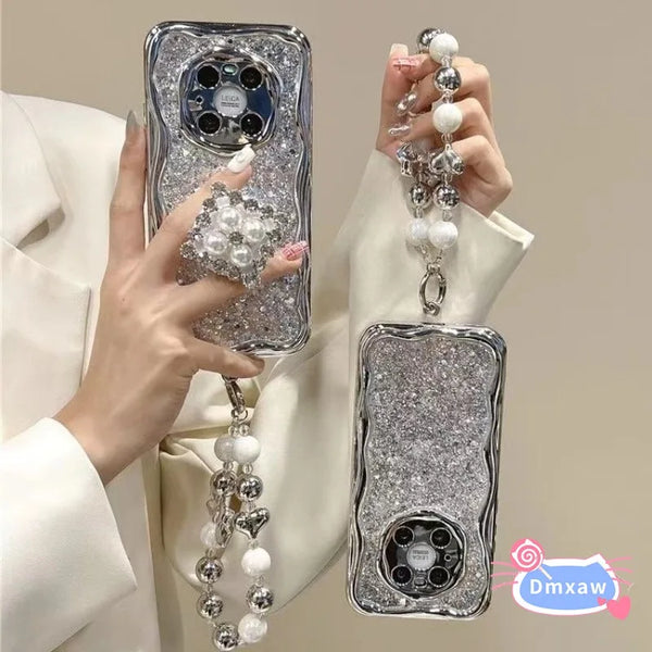 Luxury Bling Silver Case For Huawei Nova 11i Y91 Y70 Plus 11 12 Pro Ultra 10 9 8 7 5 6 Pro SE 7i Pearl Diamond Stand Phone Case