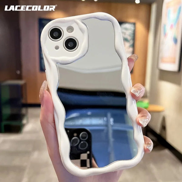 Korean Curly Wave Makeup Mirror Case For iphone 16 15 14 Plus 11 12 13 Pro Max X XR XS Max 6S Plus Clear Shockproof Cute Cover