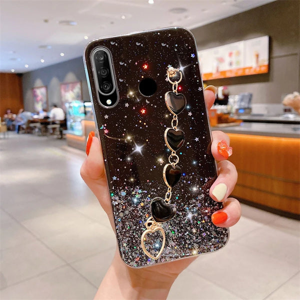 Heart Bracelet Phone Case For Huawei P30 Lite Y9 Prime 2019 Y9S Y7A Y5P For Huawei P20 Lite Y7P P50 Y7 2019 Starry Glitter Cover