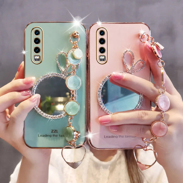 Glitter Rabbit Ears Mirror Case For HuaweiSlip Shellfish Texture Bracelet Cover