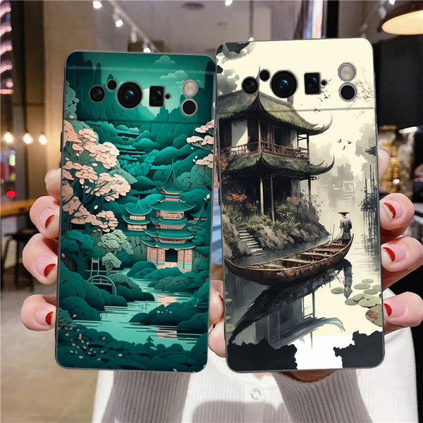 Phone Case For Google Pixel 8 7 6 Pro 8A 7A 6A TPU Shell Soft Silicone Shockproof Black Cover Japanese Landscape