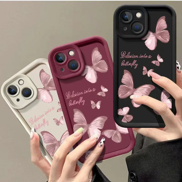 Pink Butterfly Soft Silicone Phone Case For IPhone 16 14 Pro Max 15 Plus Shockproof Cover