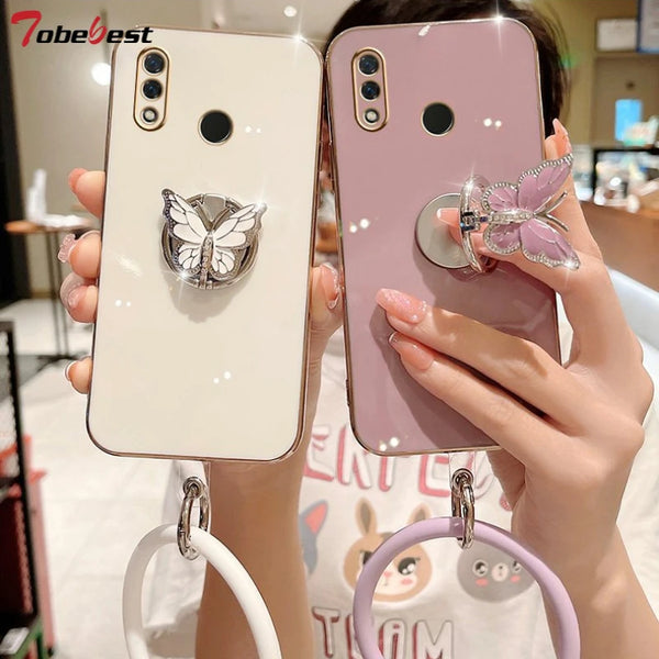 3D Butterfly Ring Phone Holder Plating Case for Huawei Silicone Cover