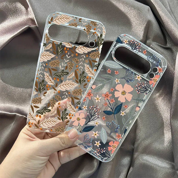 Luxury Flower Leaves Phone Case For Google Pixel 9 Pro XL 8 Pro 8A 8 7 6A 5G INS Korea Floral Transparent Soft TPU Cover Fundas